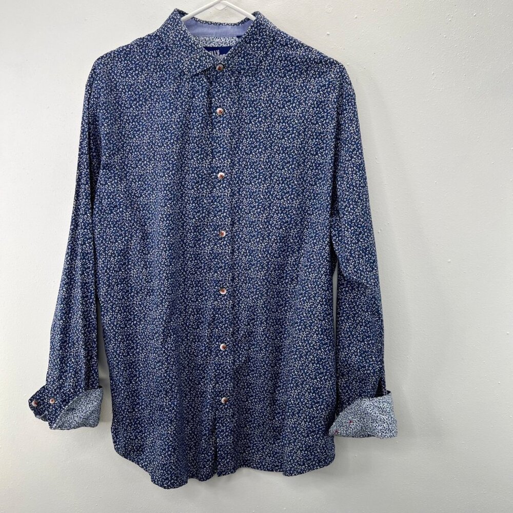 Billy London UK Button Up Shirt XL Slim Fit Blue Floral Flip Cuff Long Sleeve